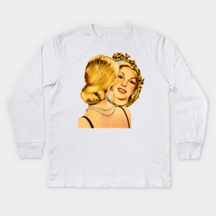 Blonde girl looking at herself in the mirror Kids Long Sleeve T-Shirt